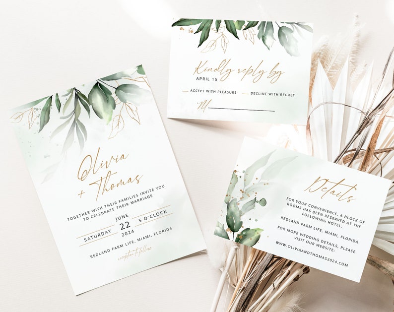 OLIVIA Greenery Wedding Invitation Template, Green and Gold Wedding Invite, RSVP Template, Elegant Wedding, RSVP Card, Instant Download zdjęcie 1