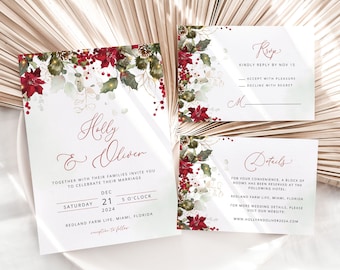 HOLLY Winter Wedding Invitation Template, Christmas Wedding Invite, Foliage RSVP Template, Elegant Wedding, RSVP Card, Instant Download