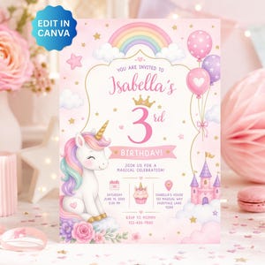 May include: A pink birthday invitation card featuring a white unicorn with a rainbow mane, a gold crown, a castle, balloons, and stars. The text reads: You are invited to Isabella's 3rd Birthday, join us for a magical celebration, date, time, and location.