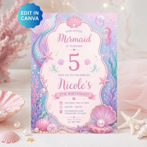 Mermaid Birthday Invitation Canva Template, Under The Sea Invite, Gril Birthday Party, 5th Birthday Invite, Digital Mermaid Invitation, KB52