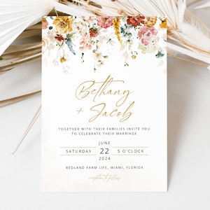 BETHANY Floral Wedding Invitation Template, Wild Flowers Wedding Invite, Gold Wedding Template, Elegant Wedding, Corjl, Instant Download image 1