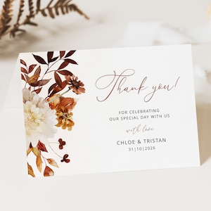 CHLOE Autumn Thank You Card Template, Fall Wedding Thank You Card, Printable Thank You Note, Wedding Editable Template, Instant Download image 1