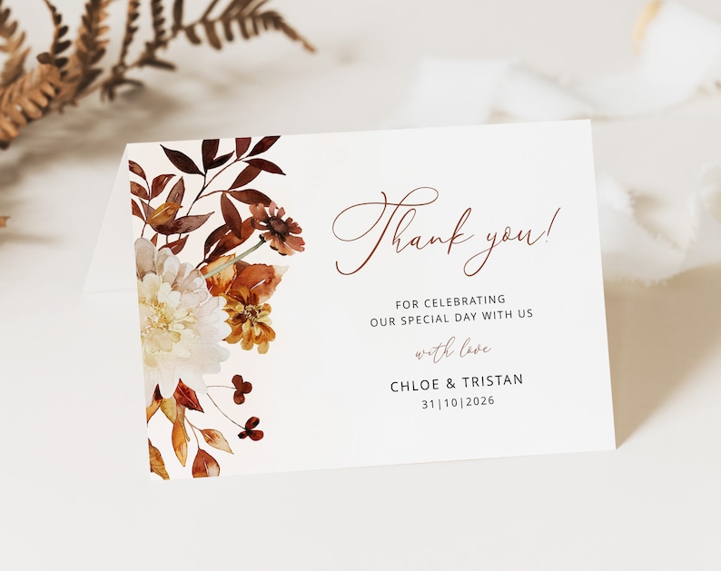 CHLOE Autumn Thank You Card Template, Fall Wedding Thank You Card, Printable Thank You Note, Wedding Editable Template, Instant Download image 1