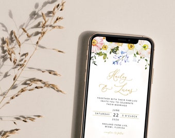 HAILEY Floral Wedding Invitation Template Electronic, Wild Flowers iPhone Wedding Invite, Phone Wedding Invitation, Corjl, Instant Download