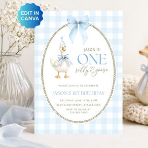 May include: A rectangular birthday invitation card featuring a light blue gingham pattern, a central oval frame with a gold border, and a blue bow at the top. It displays a watercolor goose wearing a party hat and bow, with text reading JASON IS ONE SILLY GOOSE.