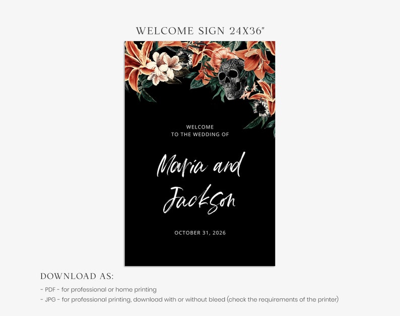 MARIA Gothic Welcome Sign Template, Skull Wedding Welcome Sign, Editable Sign, Instant Download, Floral Welcome Sign, Printable Wedding Sign image 4