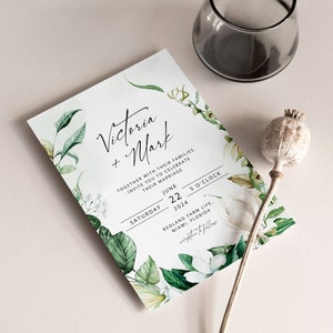 VICTORIA Greenery Wedding Invitation Template, Green and White Wedding Invite, Wedding Template, Elegant Wedding, Corjl, Instant Download image 2