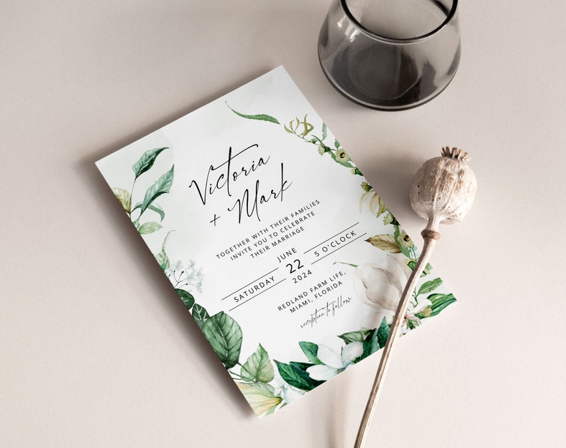 VICTORIA Greenery Wedding Invitation Template, Green and White Wedding Invite, Wedding Template, Elegant Wedding, Corjl, Instant Download image 2