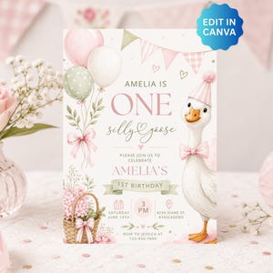 May include: A birthday invitation card featuring a white goose wearing a pink party hat and bow tie. The text reads AMELIA IS ONE SILLY GOOSE, AMELIA'S 1ST BIRTHDAY, with details for Saturday June 14th at 3 PM, 4239 Diane St, Atascadero, and RSVP info.