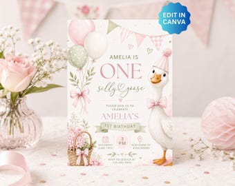 One Silly Goose First Birthday Invitation Canva Template, Girl Birthday, Pink Bow 1st Birthday Invite, Digital Invitation, Pink & Green KB11
