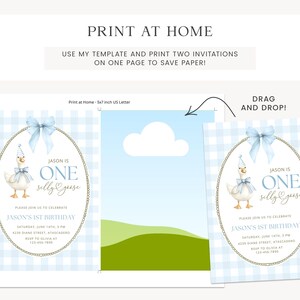 May include: A printable birthday invitation template featuring a light blue gingham background, a central oval frame with a gold rope border, a blue bow, and a goose wearing a party hat. Text reads: JASON IS ONE silly goose, JASON'S 1ST BIRTHDAY.