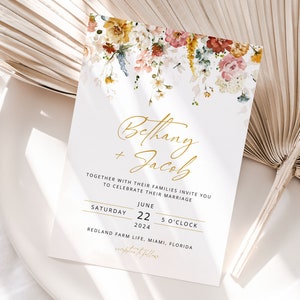 BETHANY Floral Wedding Invitation Template, Wild Flowers Wedding Invite, Gold Wedding Template, Elegant Wedding, Corjl, Instant Download image 3