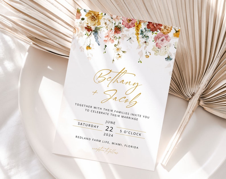 BETHANY Floral Wedding Invitation Template, Wild Flowers Wedding Invite, Gold Wedding Template, Elegant Wedding, Corjl, Instant Download image 3