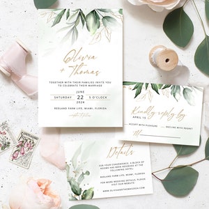 OLIVIA Greenery Wedding Invitation Template, Green and Gold Wedding Invite, RSVP Template, Elegant Wedding, RSVP Card, Instant Download zdjęcie 3