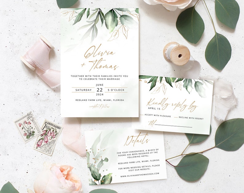 OLIVIA Greenery Wedding Invitation Template, Green and Gold Wedding Invite, RSVP Template, Elegant Wedding, RSVP Card, Instant Download zdjęcie 3