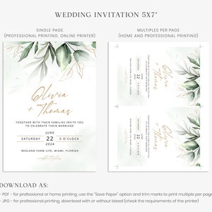 OLIVIA Greenery Wedding Invitation Template, Green and Gold Wedding Invite, RSVP Template, Elegant Wedding, RSVP Card, Instant Download zdjęcie 4
