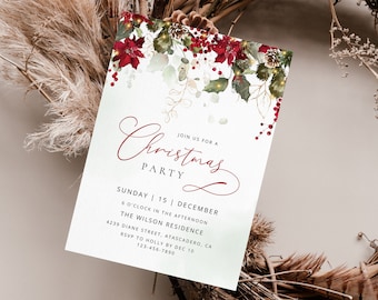 HOLLY Christmas Party Invitation Template, Holiday Party Invite, Winter Party, Editable Christmas Invite, Corjl Template, Instant Download