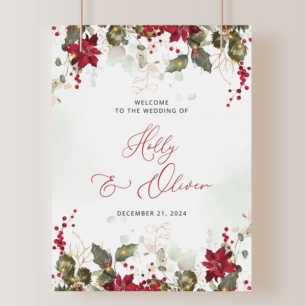 Plantilla de signo de bienvenida de invierno HOLLY, signo de bienvenida de boda de invierno, signo de Navidad, descarga instantánea, signo de boda imprimible, plantilla Corjl