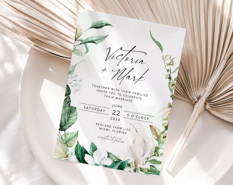 VICTORIA Greenery Wedding Invitation Template, Green and White Wedding Invite, Wedding Template, Elegant Wedding, Corjl, Instant Download image 3