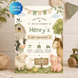 May include: A rectangular birthday invitation card featuring a farm theme with a barn, a cow, a sheep, a duck, a chick, a horse, and a pig. The text reads Oink, Moo & Neigh, Join Us To Celebrate Henry's 3rd Birthday, and Can't Wait To See You.