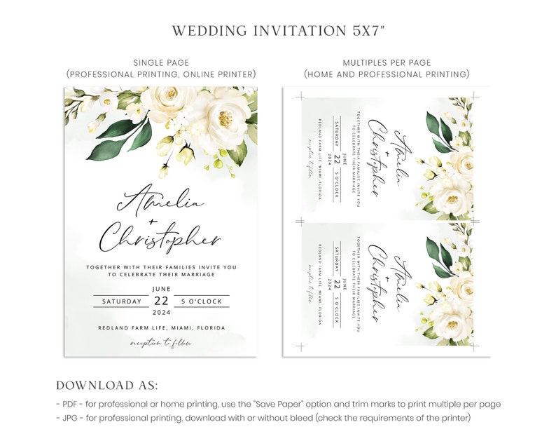 AMELIA Greenery Wedding Invitation Template, White and Green Wedding Invite, RSVP Template, Elegant Wedding, RSVP Card, Instant Download image 4