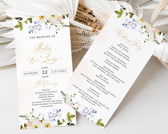 HAILEY Wedding Program Template, Floral Program Card, Editable Wedding Timeline, Printable Ceremony Program Card, Corjl, Instant Download