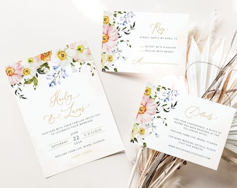 HAILEY Wedding Invitation Template, Gold Wedding Invite, Floral RSVP Template, Wild Flowers Wedding Invitation, RSVP Card, Instant Download