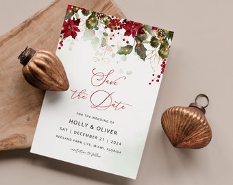HOLLY Winter Save the Date Template, Christmas Wedding Invite, Elegant Save the Date Card, Greenery Invite, Winter Wedding, Instant Download