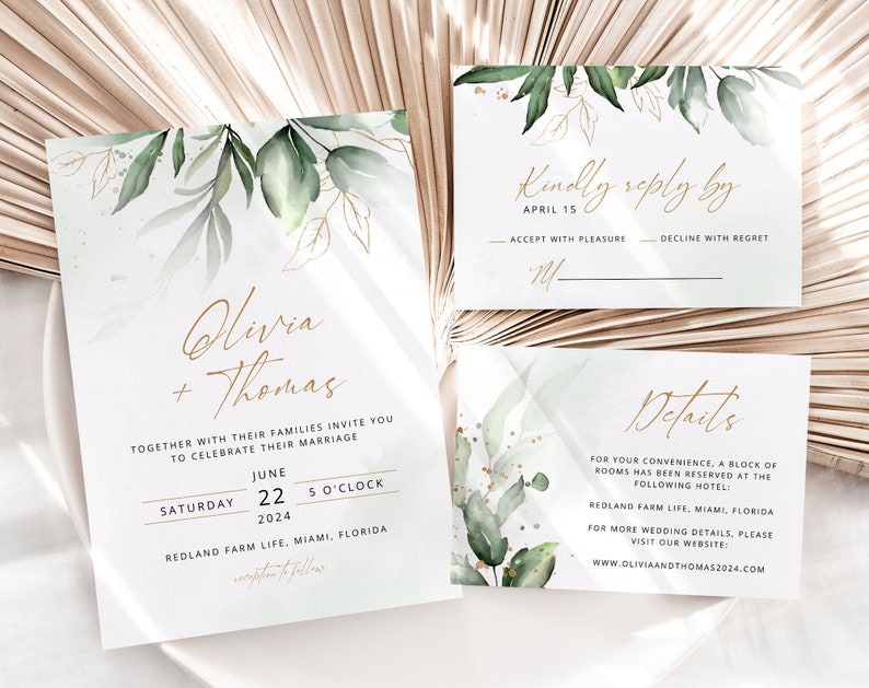 OLIVIA Greenery Wedding Invitation Template, Green and Gold Wedding Invite, RSVP Template, Elegant Wedding, RSVP Card, Instant Download zdjęcie 2