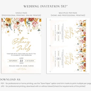 BETHANY Floral Wedding Invitation Template, Wild Flowers Wedding Invite, Gold Wedding Template, Elegant Wedding, Corjl, Instant Download image 5