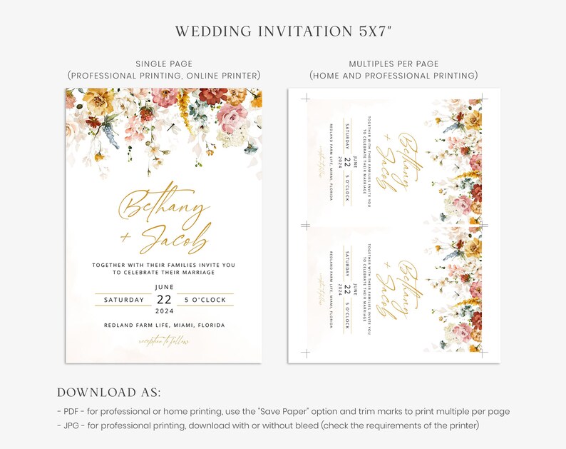 BETHANY Floral Wedding Invitation Template, Wild Flowers Wedding Invite, Gold Wedding Template, Elegant Wedding, Corjl, Instant Download image 5