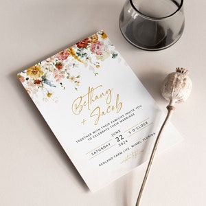 BETHANY Floral Wedding Invitation Template, Wild Flowers Wedding Invite, Gold Wedding Template, Elegant Wedding, Corjl, Instant Download image 2