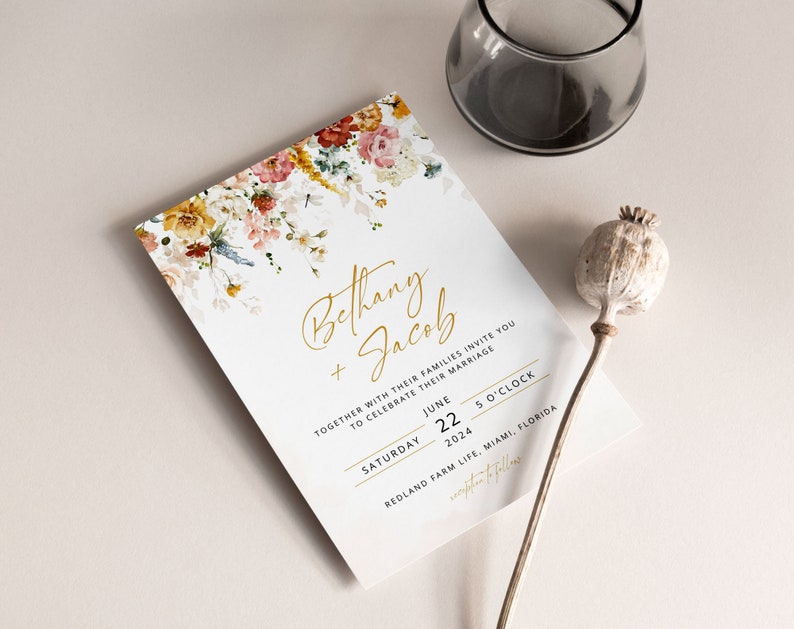 BETHANY Floral Wedding Invitation Template, Wild Flowers Wedding Invite, Gold Wedding Template, Elegant Wedding, Corjl, Instant Download image 2