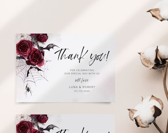 LUNA Gothic Thank You Card Template, Burgundy Wedding Thank You Card, Printable Thank You Note, Halloween Corjl Template, Instant Download