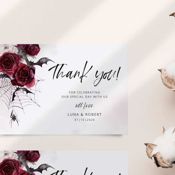 LUNA Gothic Thank You Card Template, Burgundy Wedding Thank You Card, Printable Thank You Note, Halloween Corjl Template, Instant Download