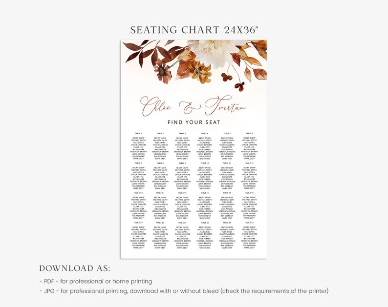 CHLOE Boho Seating Chart Template, Autumn Seating Chart, Wedding Seating Sign, Printable Seating Sign, Fall Seating Board, Find Your Seat image 3