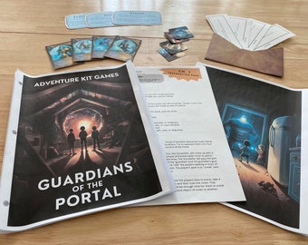 Puede incluir: Un juego de mesa llamado "Guardianes del Portal" con instrucciones y cartas. El juego se desarrolla en un ático oscuro y misterioso con un portal y tres figuras de pie frente a él. Las instrucciones incluyen una página de preparación con una descripción del juego y sus elementos.