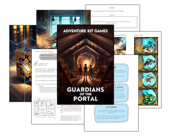 Puede incluir: Una portada de juego que muestra a dos niños de pie en una habitación con un gran portal brillante. El juego se llama "Guardianes del Portal" y forma parte de la serie Adventure Kit Games.