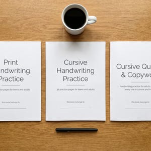 May include: Three white softcover workbooks with black text. The first reads Print Handwriting Practice, the second Cursive Handwriting Practice, and the third Cursive Quotes & Copywork. Each includes a line for a name and a black pen is placed below.