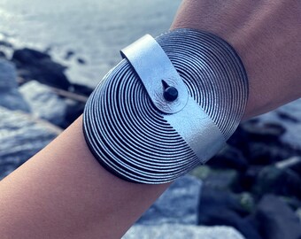 Silver / Black Leather Cuff with stud closure AREA 51
