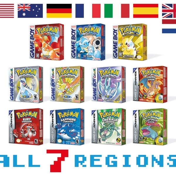 Pokemon 11 Versions Boîtes pour Game Boy Nintendo - 7 Régions - HQ - Plateaux intérieurs et étuis de protection