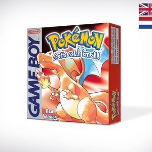 Puede incluir: Una caja de cartucho de Game Boy roja y blanca con una imagen de un personaje Pokemon rojo y naranja. El texto en la caja dice "Pokemon Gotta catch 'em all!" y "Red Version".