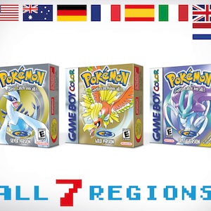 Puede incluir: Tres cajas de juegos de Pokémon para Game Boy Color: versiones Silver, Gold y Crystal. Cada caja presenta un personaje Pokémon diferente y el texto "Gotta catch 'em all!". La imagen incluye el texto "ALL 7 REGIONS".