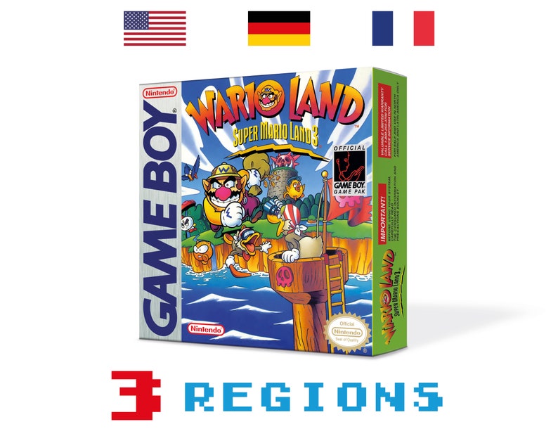 May include: A Game Boy Color game cartridge for Wario Land: Super Mario Land 3. The cartridge is green and features a cartoon image of Wario and other characters from the game. The text "Wario Land" is printed in large, bold letters on the front of the cartridge.