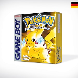 Może przedstawiać: Żółta gra Game Boy Color z ilustracją Pikachu. Tekst na kasecie brzmi "Pokémon Special Pikachu Edition" i "Gelbe Edition".