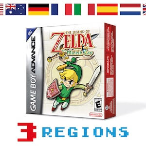 Puede incluir: Una caja de videojuego de Game Boy Advance para "The Legend of Zelda: The Minish Cap". La ilustración de la caja presenta un personaje de dibujos animados con ropa verde sosteniendo una espada y un escudo. La caja es blanca y roja con el texto "3 REGIONS."