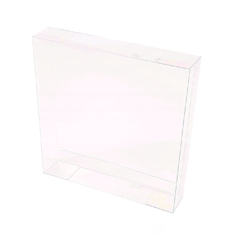 May include: Clear plastic box with a rectangular shape. The box is empty and has a slight curve to the sides.
