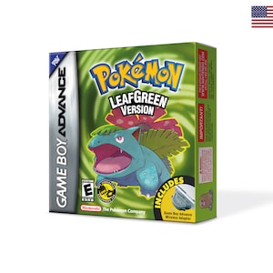 May include: A green Game Boy Advance game cartridge case for Pokemon LeafGreen Version. The case features a cartoon image of a green and blue Pokemon with a large mouth. The text "Pokemon LeafGreen Version" is printed in white on a green background. The case also includes a Game Boy Advance Wireless Adapter.