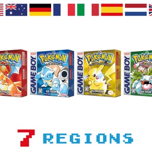 May include: Four different versions of the classic Game Boy Color video game Pokemon. The cartridges are red, blue, yellow, and green. Each cartridge features a different Pokemon character on the front. The text on the cartridges reads "Pokemon" and "Gotta Catch 'Em All!"