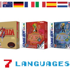 Peut inclure: Trois boîtes de jeux Game Boy Color avec les titres "The Legend of Zelda" : "Link's Awakening DX", "Oracle of Seasons" et "Oracle of Ages". Chaque boîte présente des illustrations uniques et le logo "Game Boy Color". Le texte "7 LANGUAGES" est affiché en dessous.